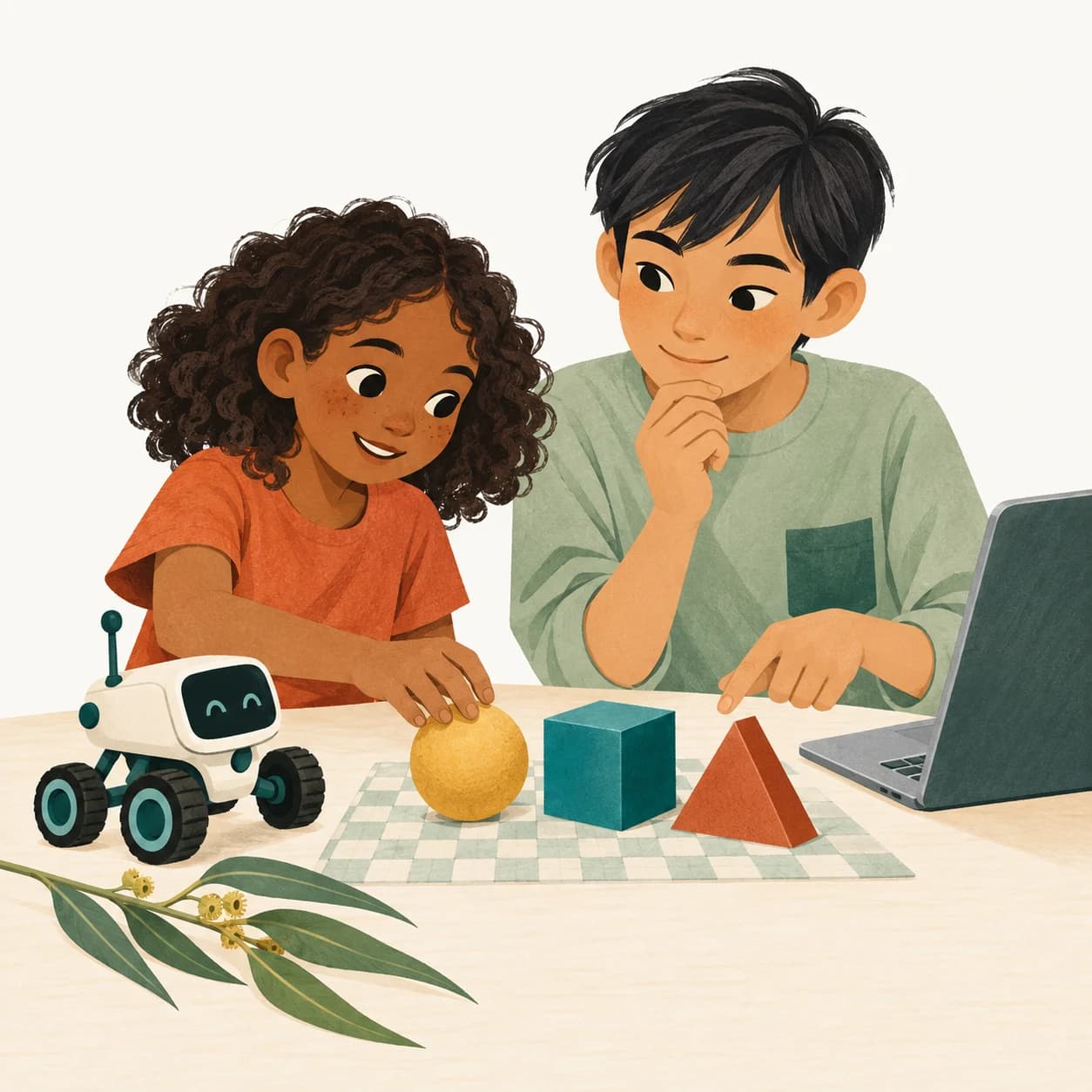 Two children exploring patterns together with coloured shapes, a laptop and a small rover.