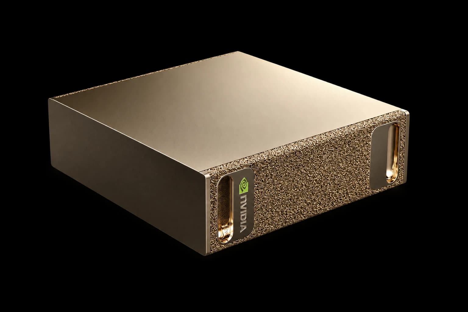Three-quarter studio render of the compact NVIDIA DGX Spark, with a gold metal enclosure and textured front panel